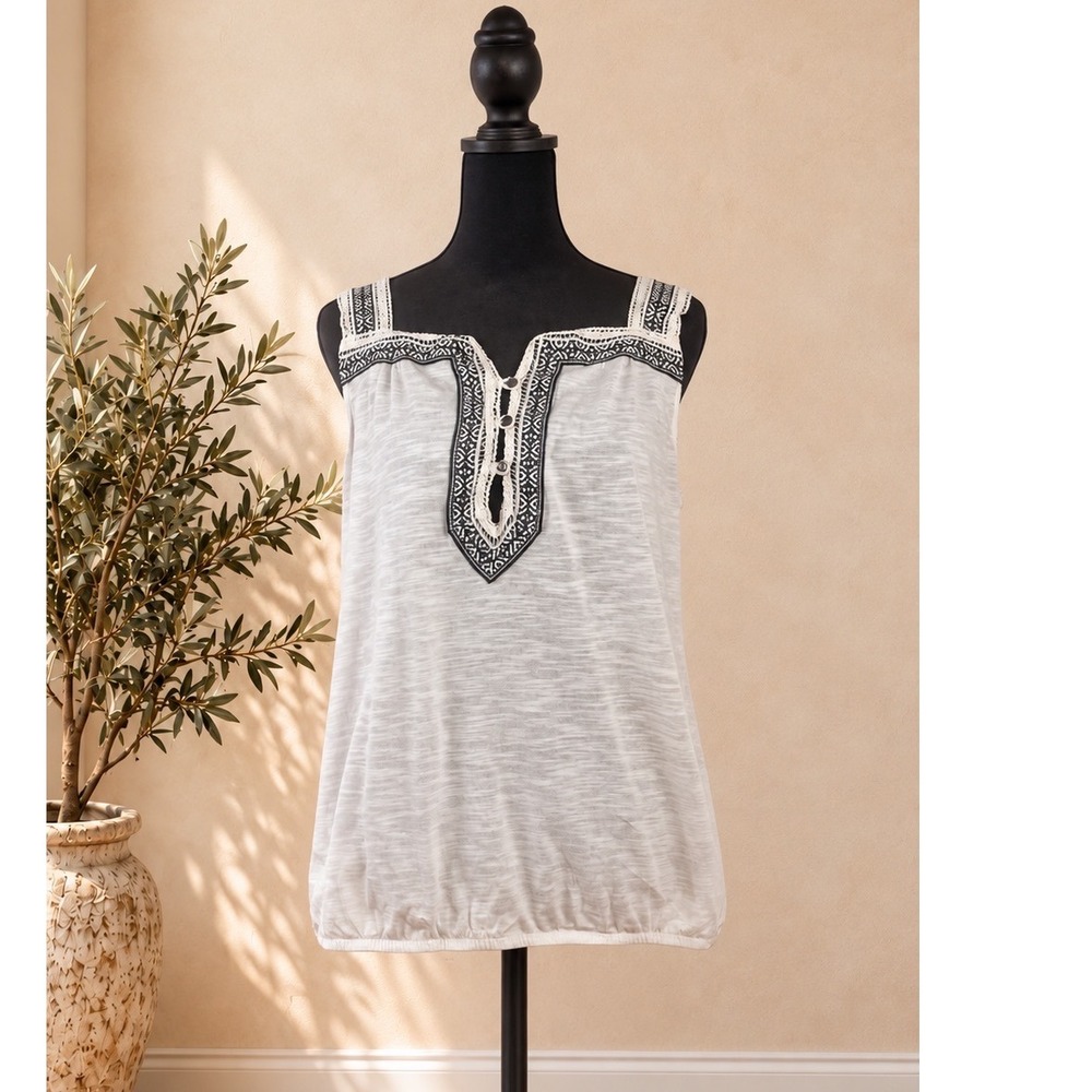 Petrology White Slub Knit Embroidered Tank Top Boho Split Neck Large